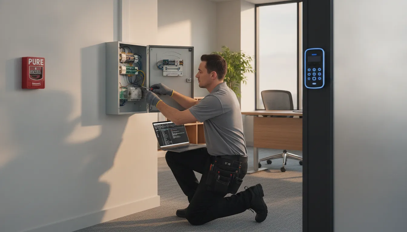 Technician setting up a Marietta alarm company system