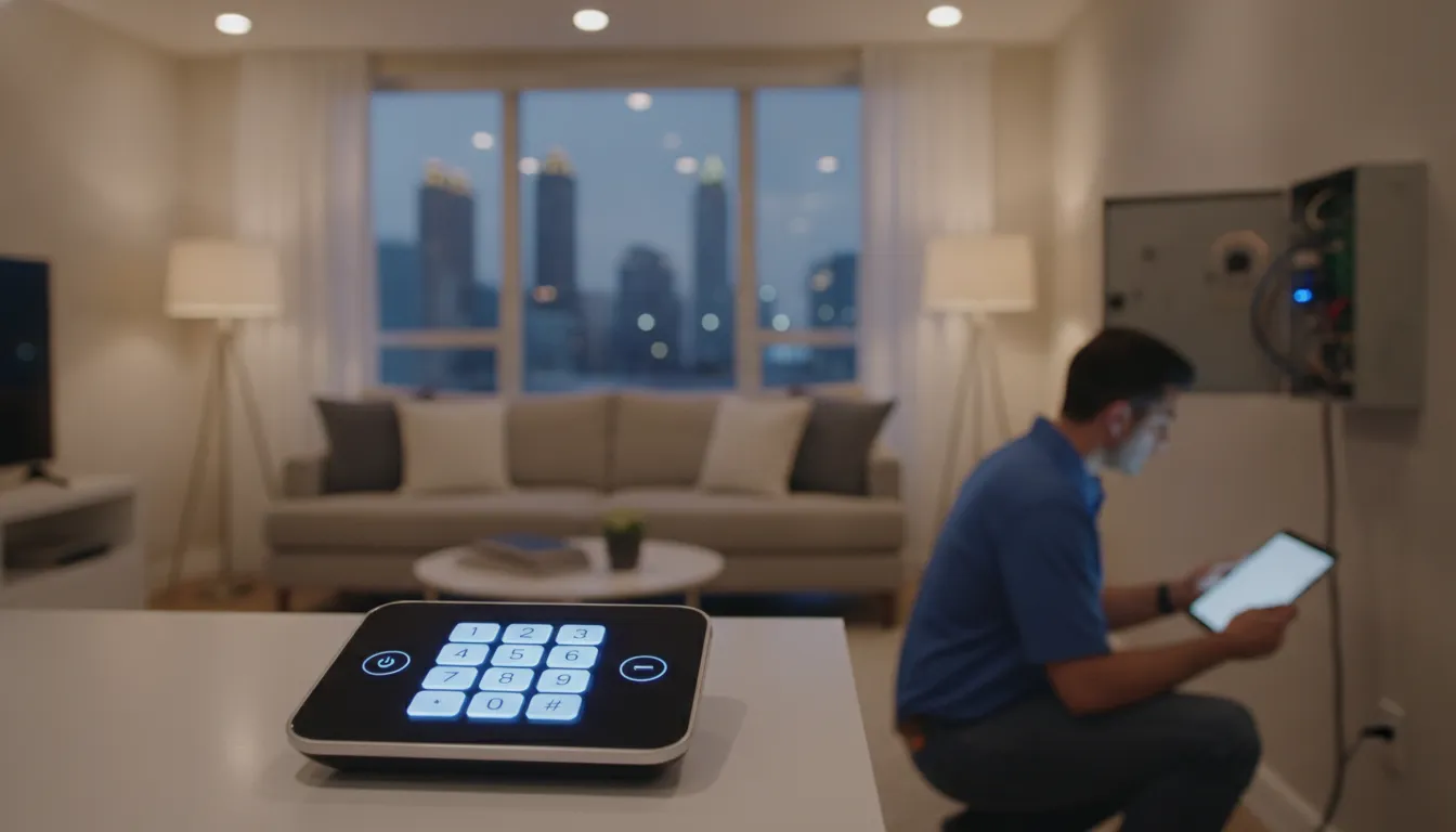 Technician reviewing no contract alarm monitoring for an Atlanta property