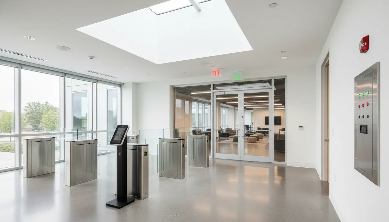 Modern Atlanta office entrance with integrated security systems