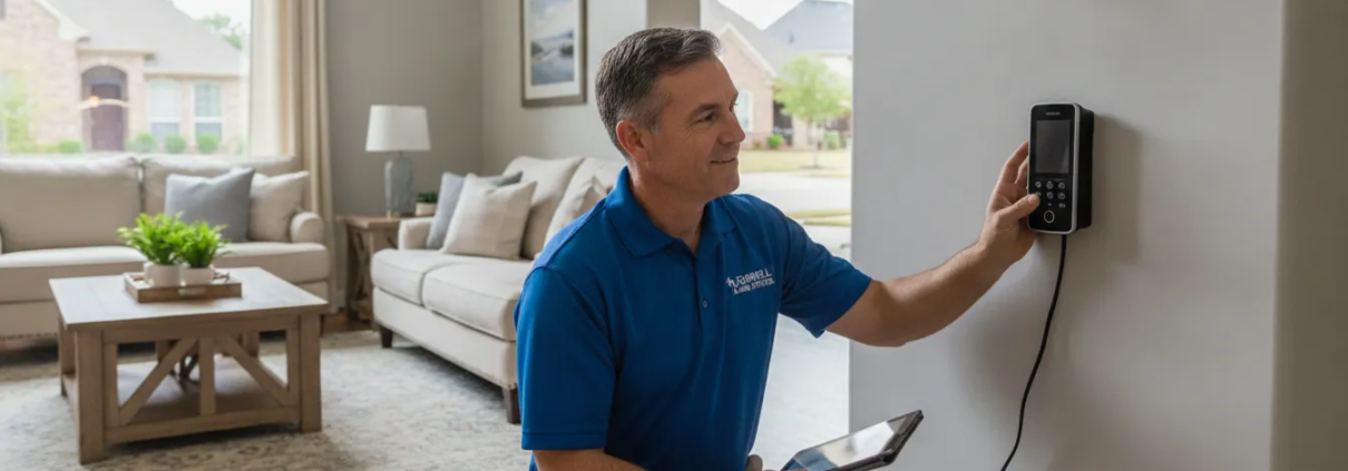 Local alarm system technician servicing a home in Roswell Georgia