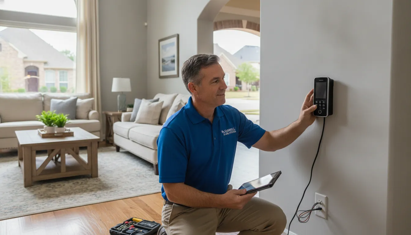 Local alarm system technician servicing a home in Roswell Georgia