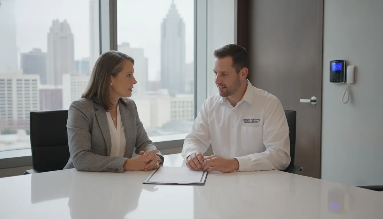 Atlanta business owner reviewing a security monitoring agreement