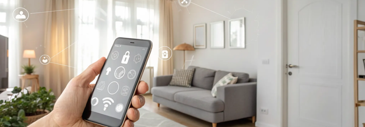 Universal home security alarm monitoring app on a smartphone in a living room.