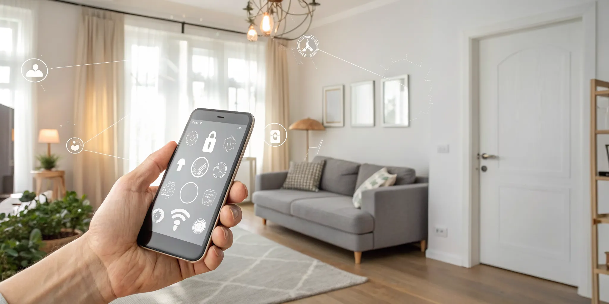 Universal home security alarm monitoring app on a smartphone in a living room.