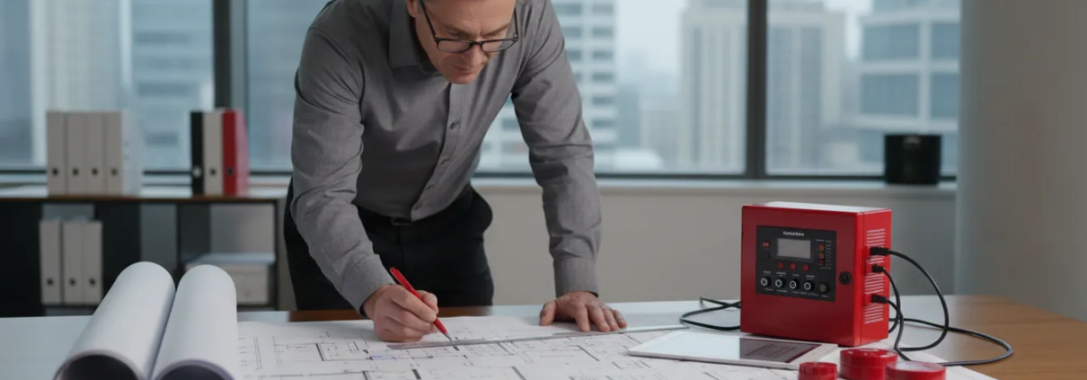 Professional reviewing commercial fire alarm design plans