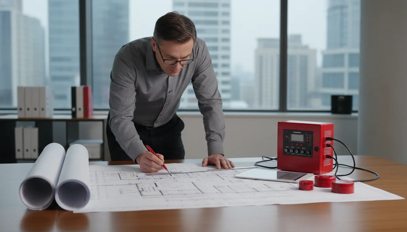 Professional reviewing commercial fire alarm design plans