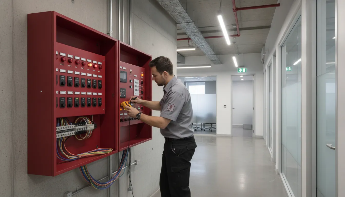 Technician inspecting a commercial fire alarm control panel explaining why fire alarms need to be replaced