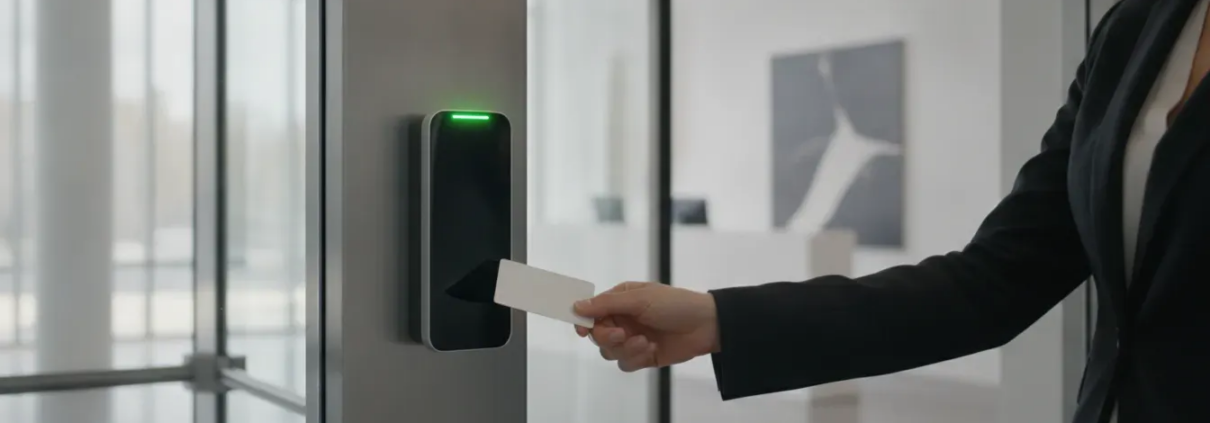 A sleek smart credential reader mounted on a modern glass and metal office door in Atlanta, glowing with a soft green light to indicate authorized entry.