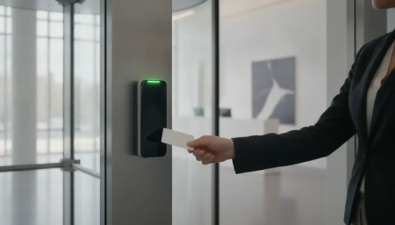 A sleek smart credential reader mounted on a modern glass and metal office door in Atlanta, glowing with a soft green light to indicate authorized entry.