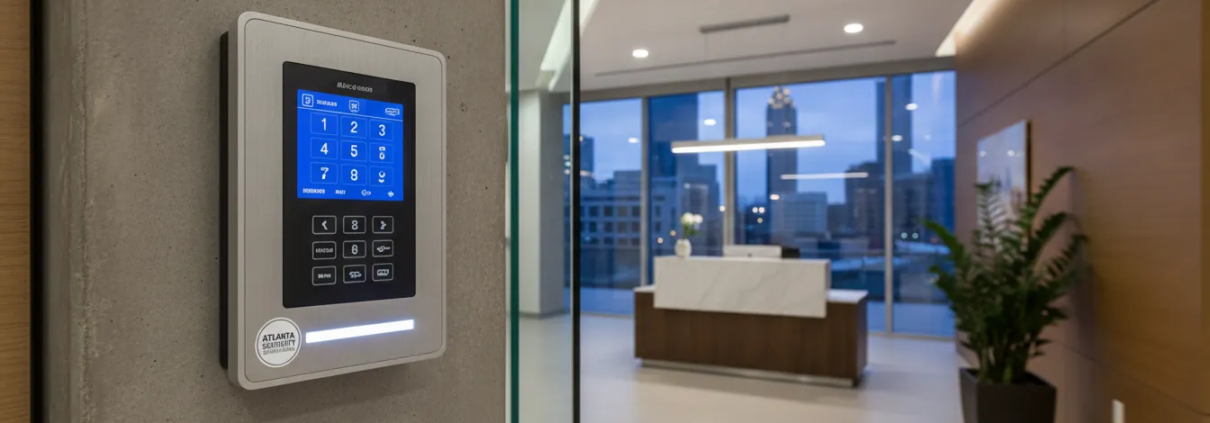Modern low-voltage security alarm keypad on a wall in a sleek Atlanta business office lobby