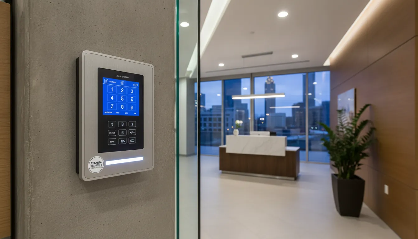 Modern low-voltage security alarm keypad on a wall in a sleek Atlanta business office lobby