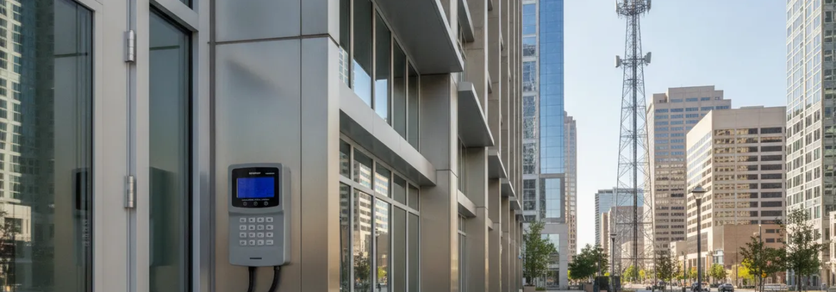 Modern commercial building with cellular network connectivity representing wireless alarm monitoring for Atlanta businesses