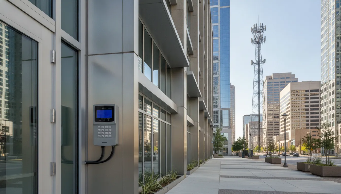 Modern commercial building with cellular network connectivity representing wireless alarm monitoring for Atlanta businesses