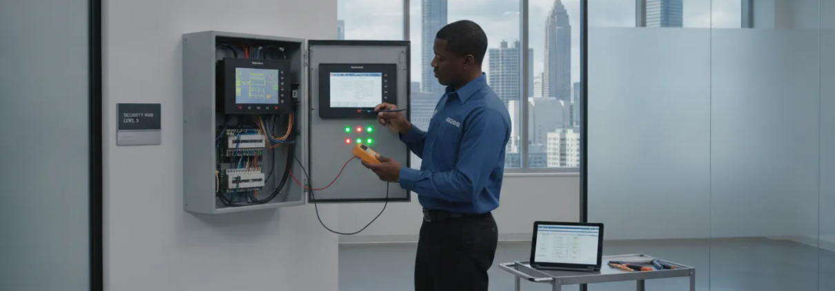 Commercial security alarm control panel in modern Atlanta office building