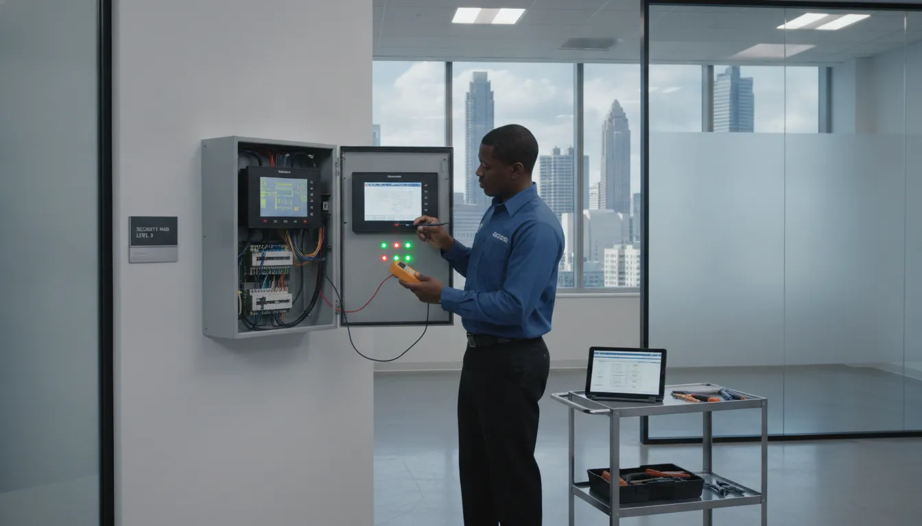 Commercial security alarm control panel in modern Atlanta office building