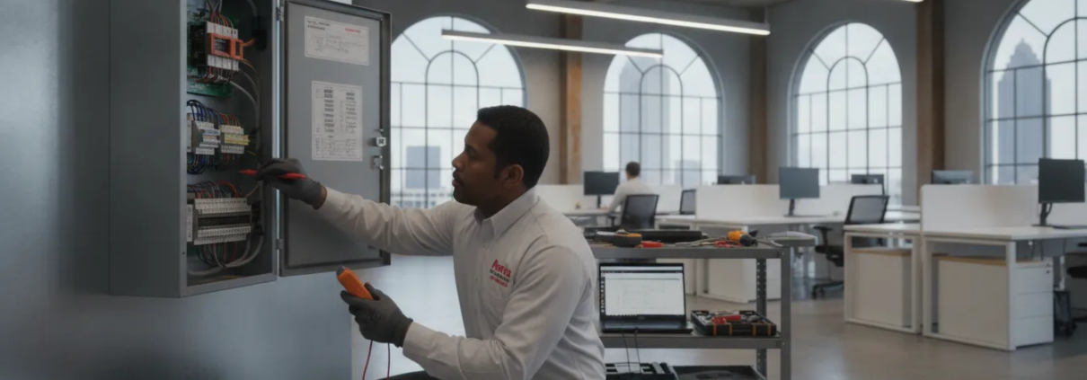 Commercial fire alarm technician inspecting a fire alarm control panel in an Atlanta office building