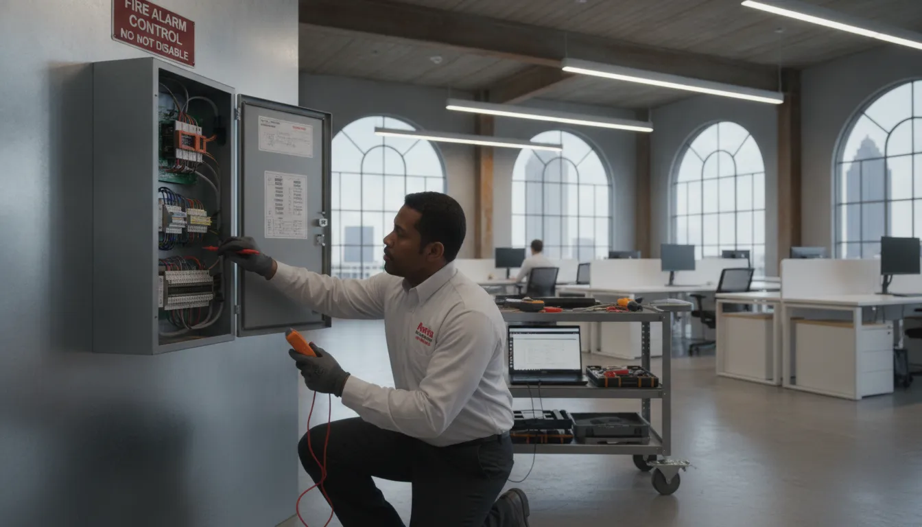 Commercial fire alarm technician inspecting a fire alarm control panel in an Atlanta office building