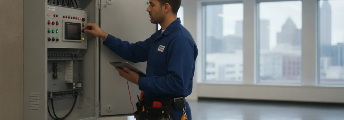 Commercial fire alarm control panel inspected by a certified technician in an Atlanta office building