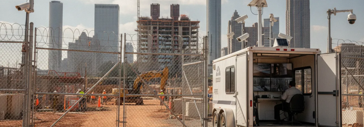 Construction site security surveillance system with mobile monitoring trailer and access control gate at Atlanta job site
