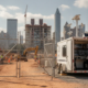 Construction site security surveillance system with mobile monitoring trailer and access control gate at Atlanta job site