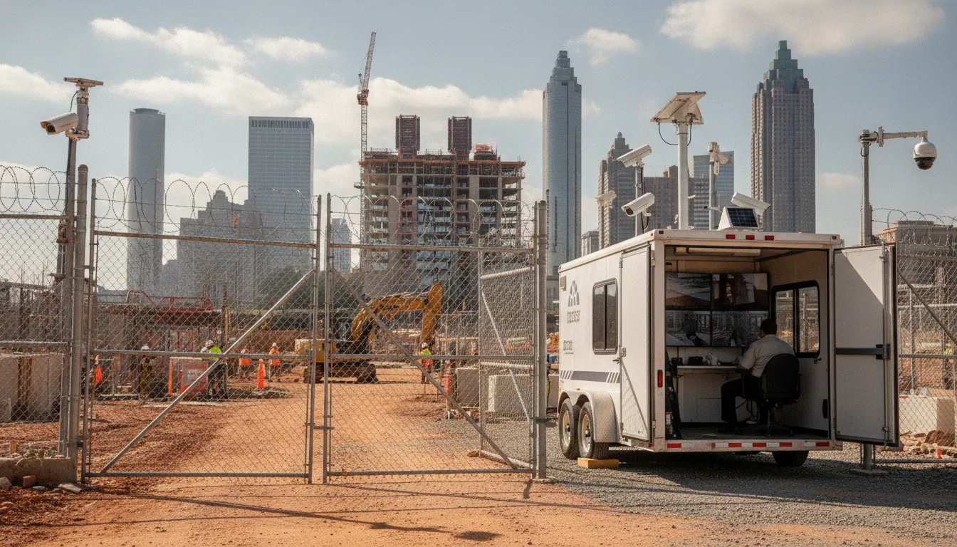 Construction site security surveillance system with mobile monitoring trailer and access control gate at Atlanta job site