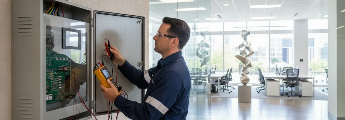 Fire alarm testing technician reviewing a commercial fire alarm panel in Atlanta