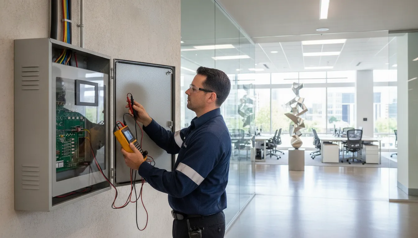Fire alarm testing technician reviewing a commercial fire alarm panel in Atlanta