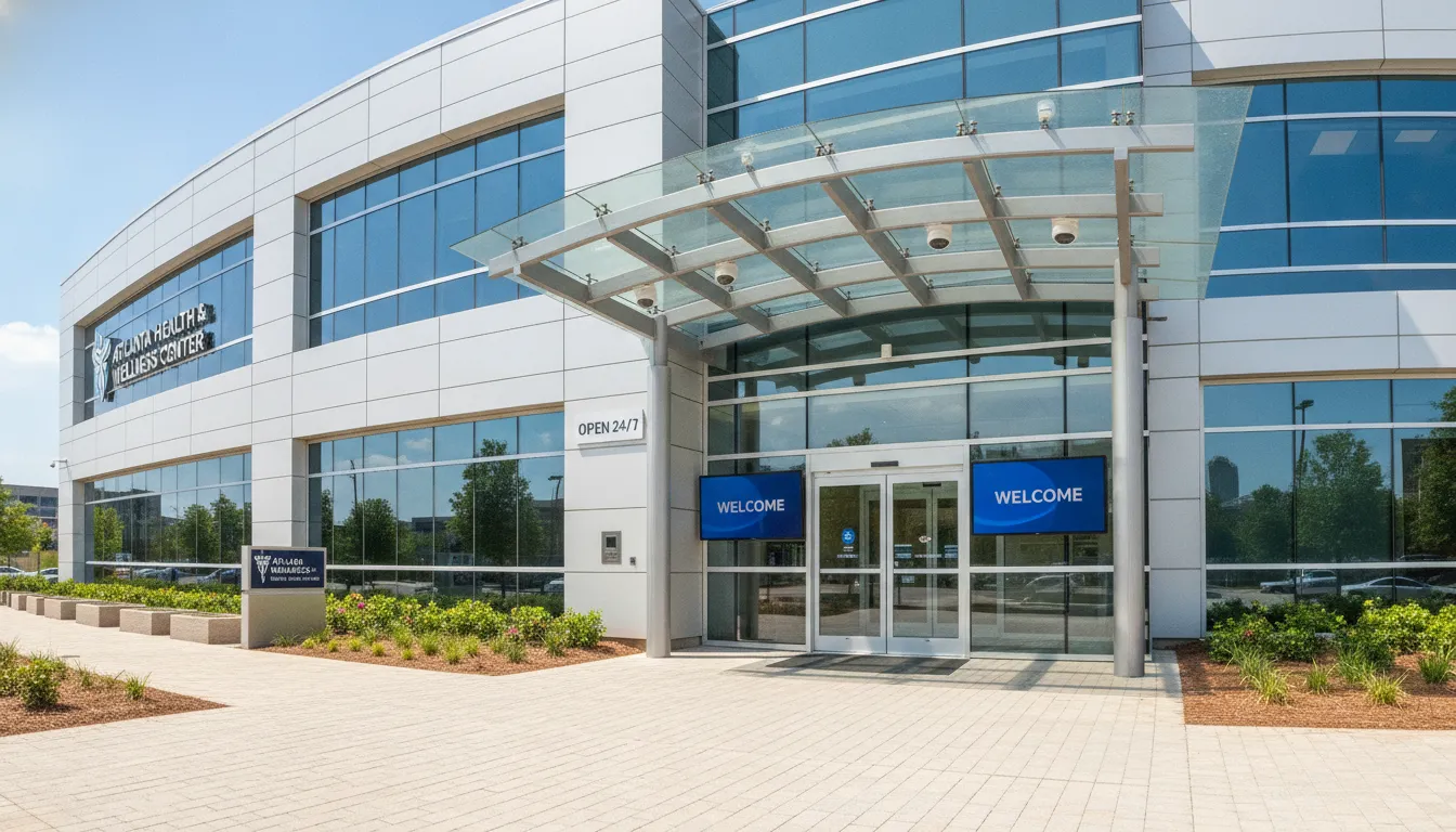 Professional medical office building exterior in Atlanta with modern security systems