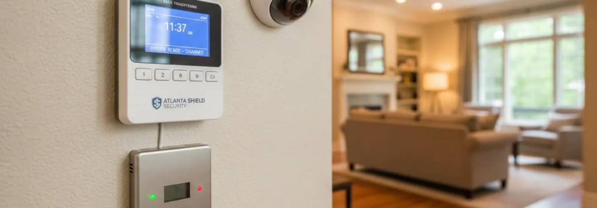 Home security alarm system keypad being installed in an Atlanta home with professional monitoring equipment visible