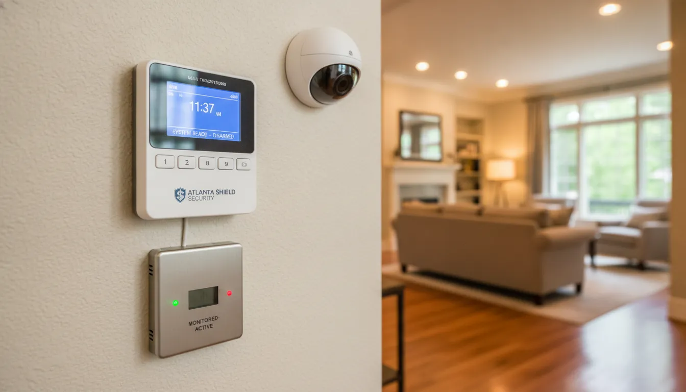 Home security alarm system keypad being installed in an Atlanta home with professional monitoring equipment visible