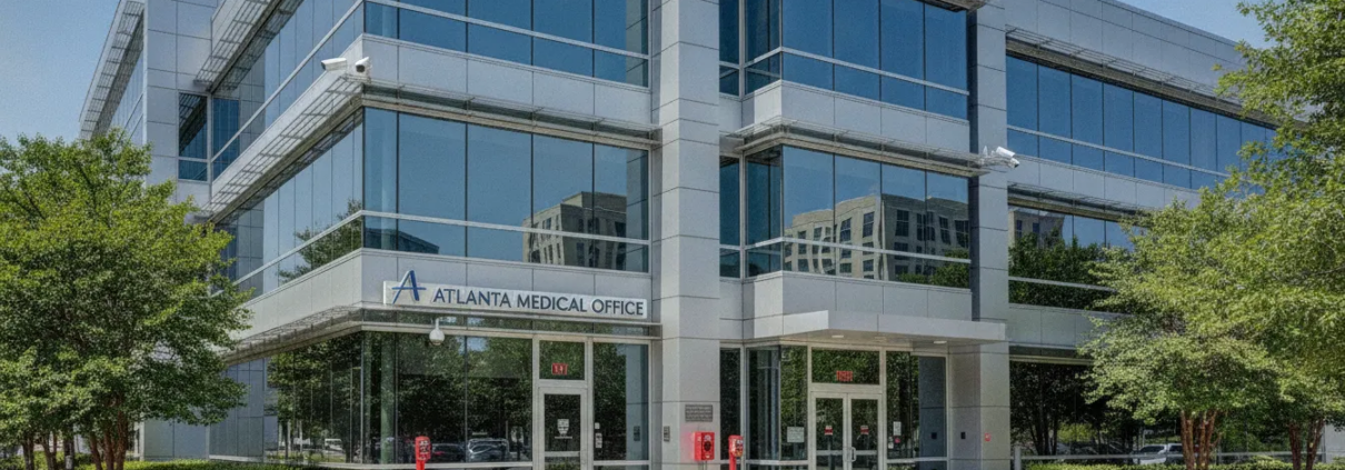 Modern medical office building in Atlanta with fire alarm and security systems