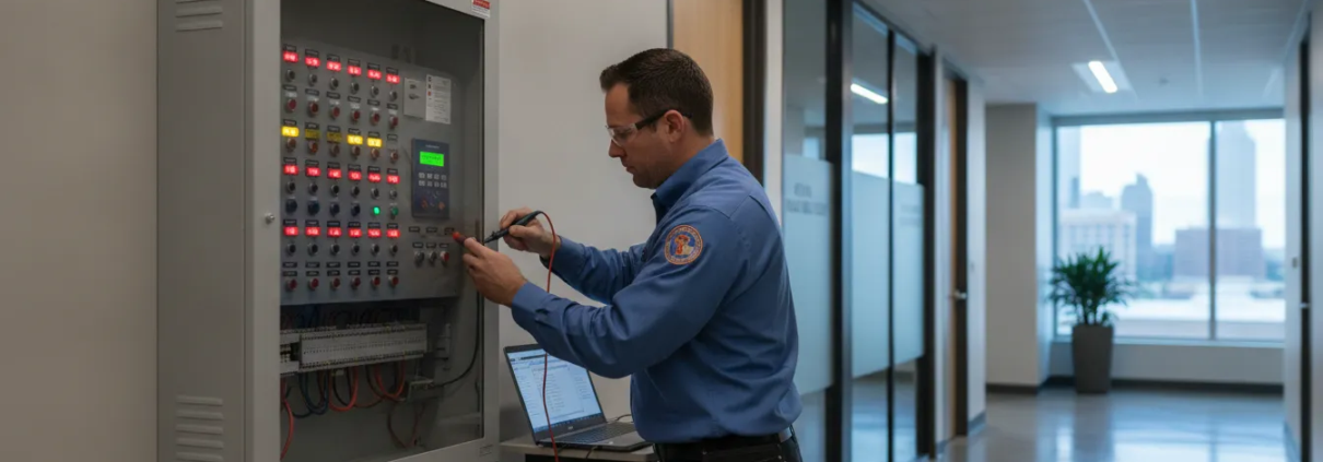 Commercial fire alarm control panel inspected by a certified technician in an Atlanta office building