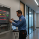 Commercial fire alarm control panel inspected by a certified technician in an Atlanta office building