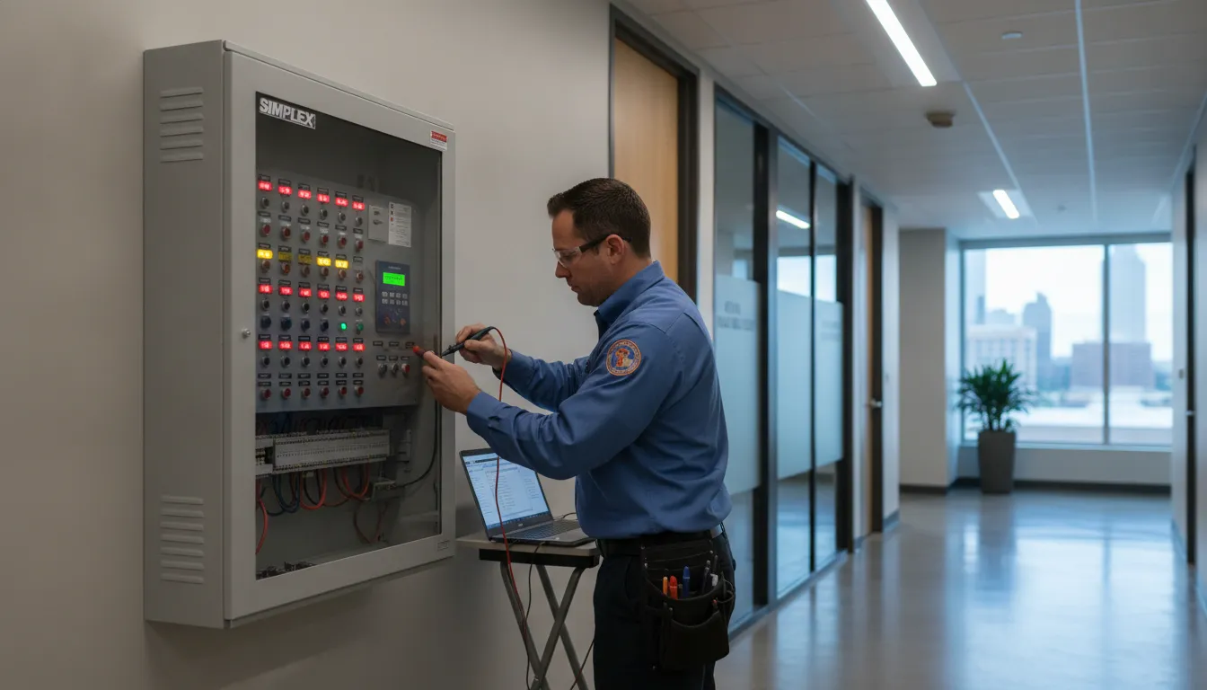 Commercial fire alarm control panel inspected by a certified technician in an Atlanta office building