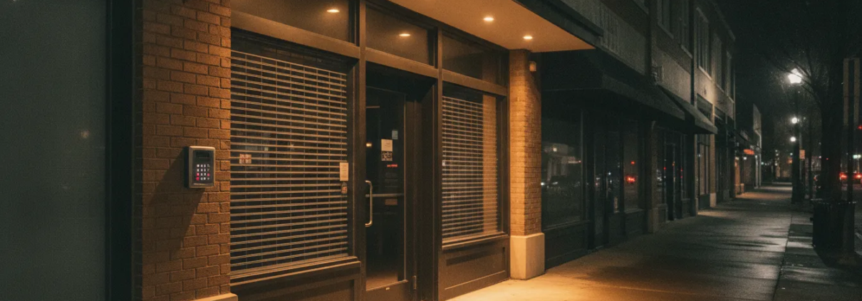 Commercial building at night in Atlanta with professional security signage visible near the entrance