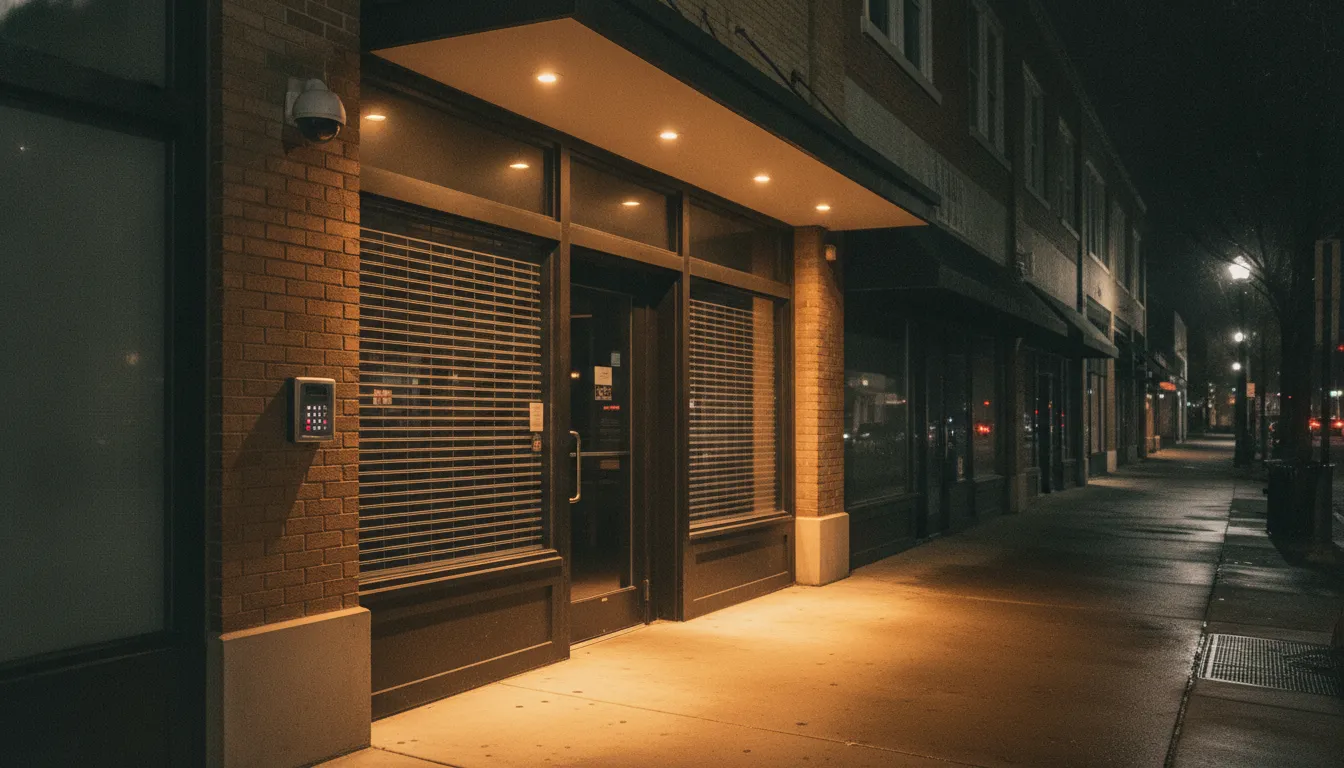 Commercial building at night in Atlanta with professional security signage visible near the entrance