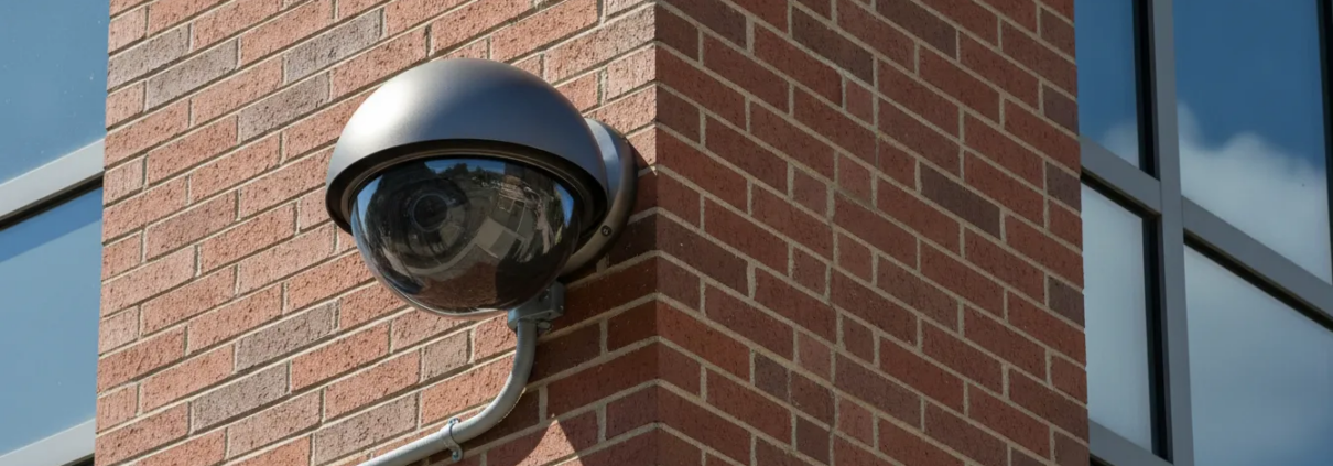 A professional security camera installation on an Atlanta building exterior.