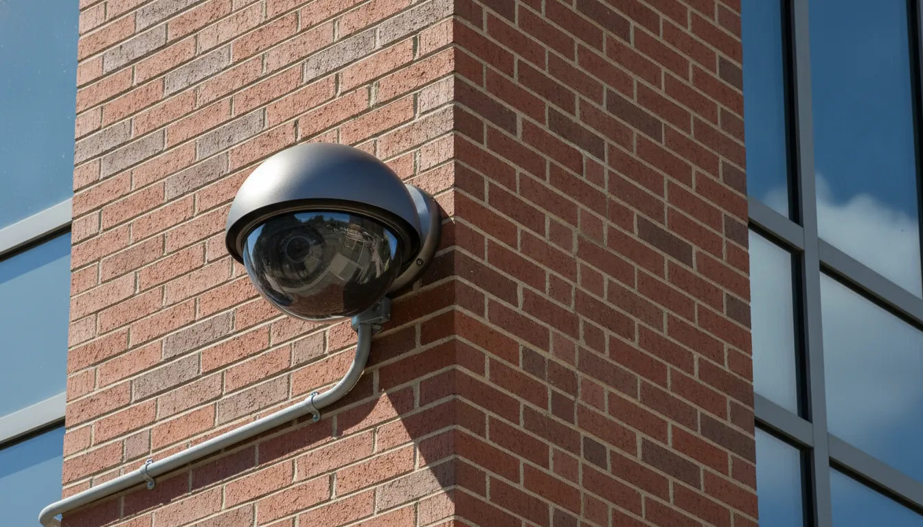 A professional security camera installation on an Atlanta building exterior.