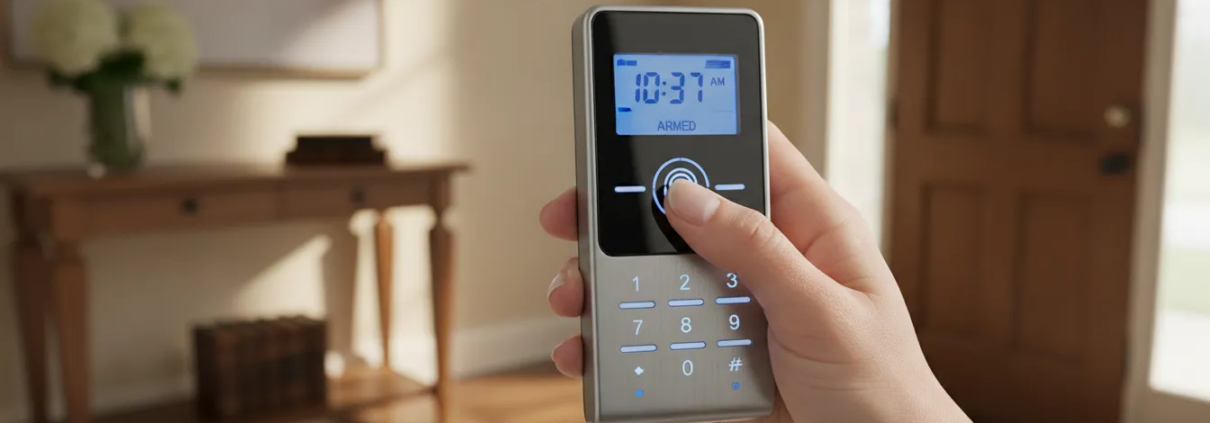 Modern security alarm system keypad on a warm home entryway wall