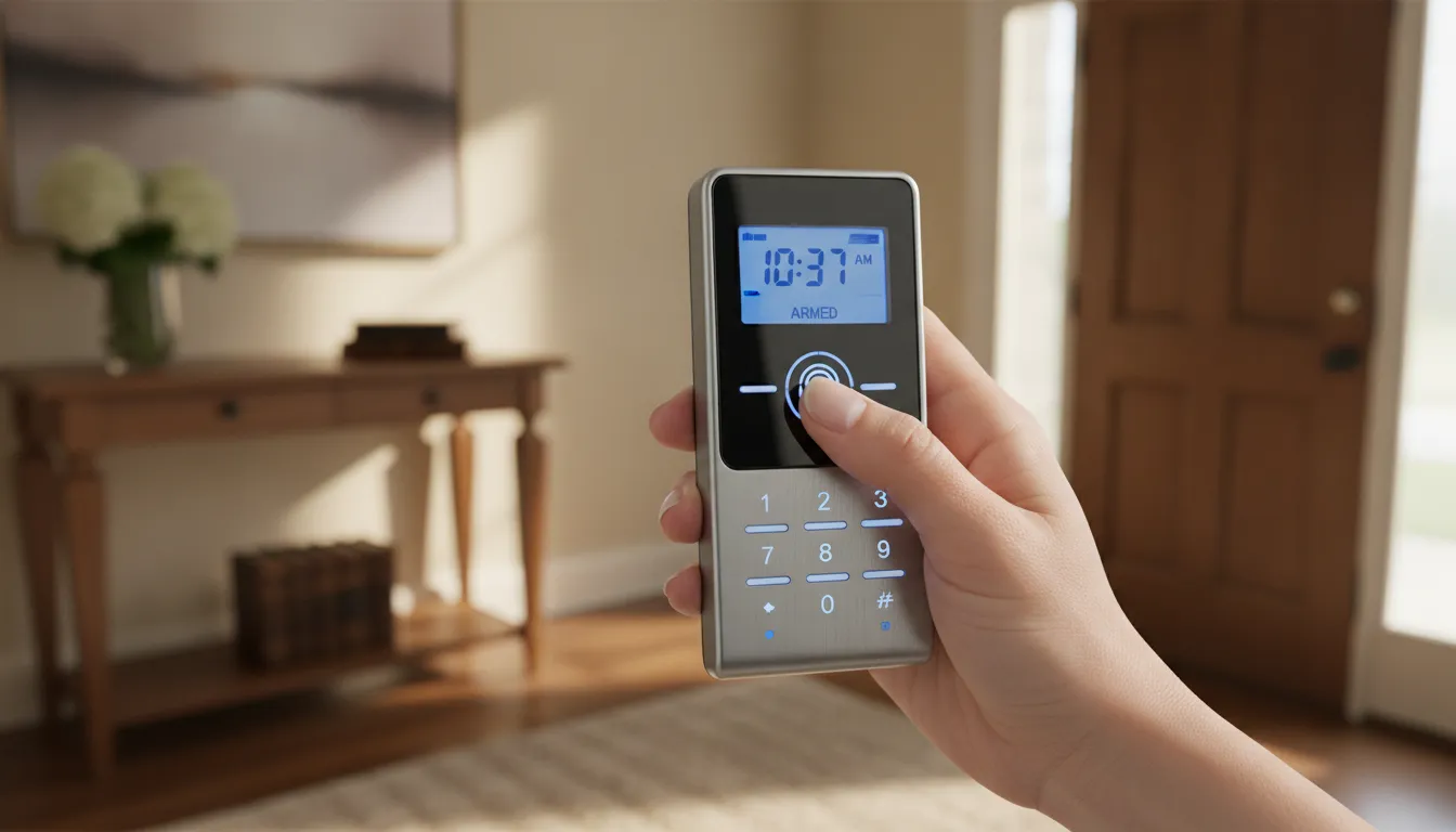 Modern security alarm system keypad on a warm home entryway wall
