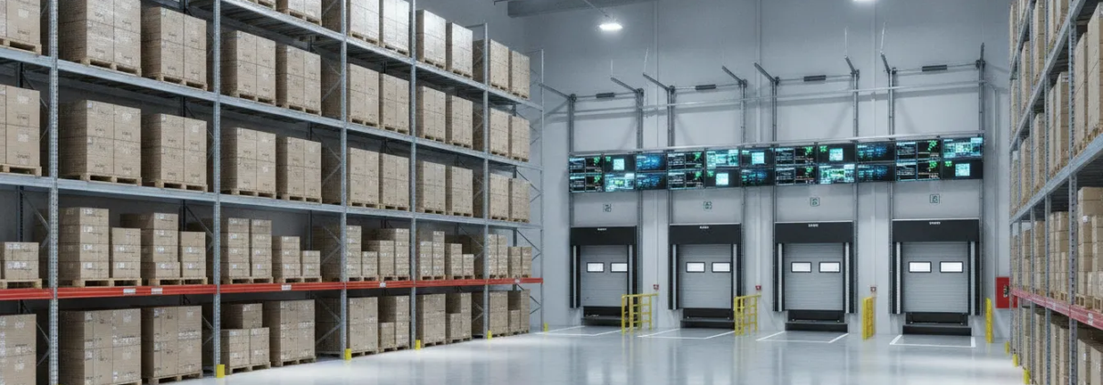 Industrial warehouse interior with loading dock bays and security infrastructure