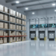 Industrial warehouse interior with loading dock bays and security infrastructure