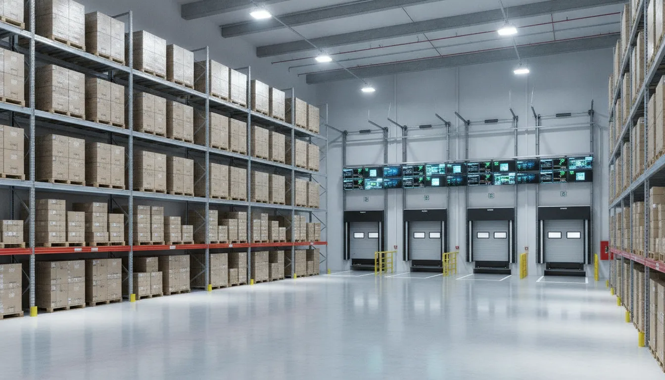 Industrial warehouse interior with loading dock bays and security infrastructure