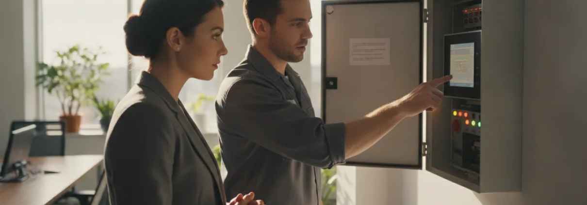 Fire alarm professional reviewing a commercial system with a Brookhaven business owner