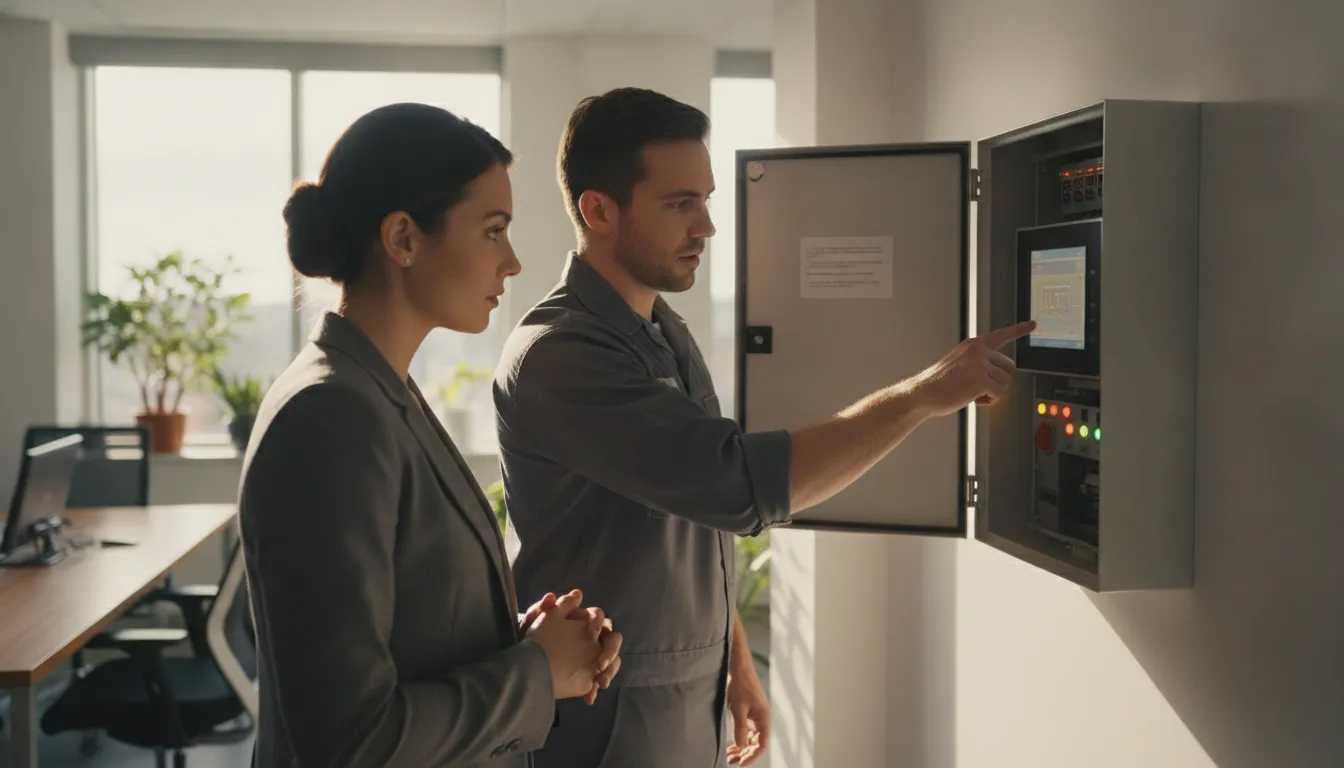 Fire alarm professional reviewing a commercial system with a Brookhaven business owner