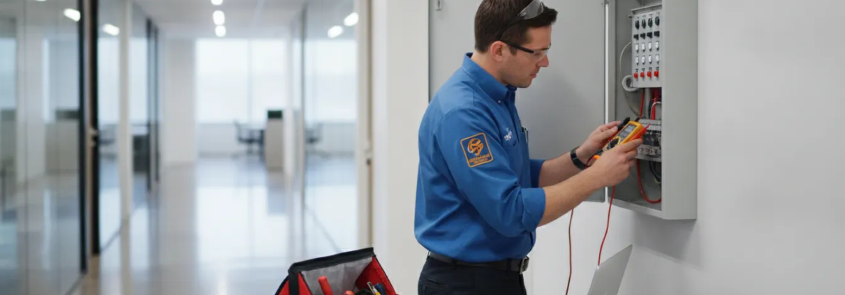 Technician inspecting a commercial fire alarm control panel in a Decatur Georgia business