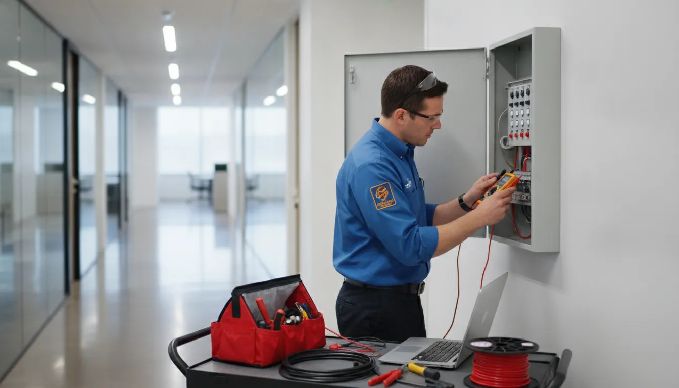 Technician inspecting a commercial fire alarm control panel in a Decatur Georgia business