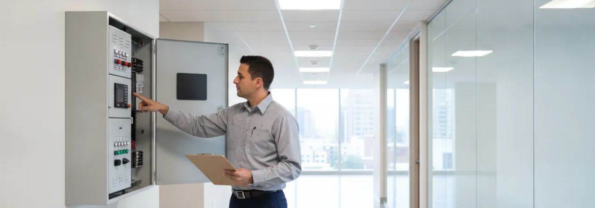 Professional fire alarm technician inspecting a commercial fire alarm control panel in a Doraville, GA office building