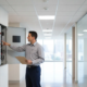 Professional fire alarm technician inspecting a commercial fire alarm control panel in a Doraville, GA office building