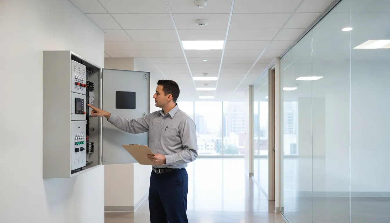 Professional fire alarm technician inspecting a commercial fire alarm control panel in a Doraville, GA office building